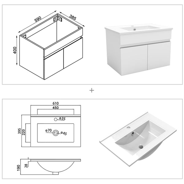 Biubiubath Badezimmermöbel 60 cm Keramik-Waschtisch-Set mit Unterschrank, Wandschrank, mattweiß, Eiche, mit 2 Soft-Close-Türen