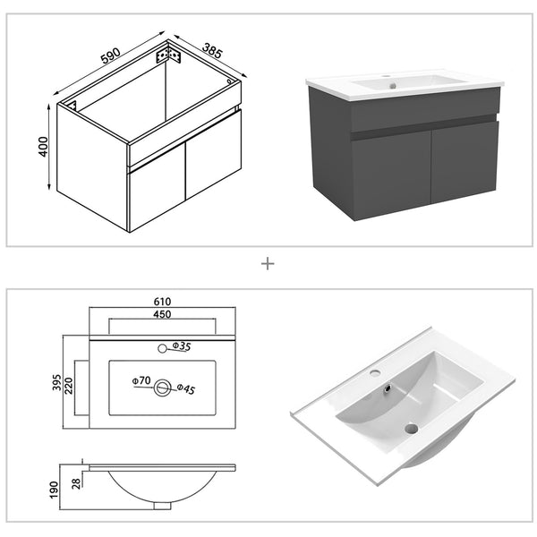 Biubiubath Badezimmermöbel 60 cm Keramik-Waschtisch-Set mit Unterschrank, Wandschrank, mattweiß, Eiche, mit 2 Soft-Close-Türen