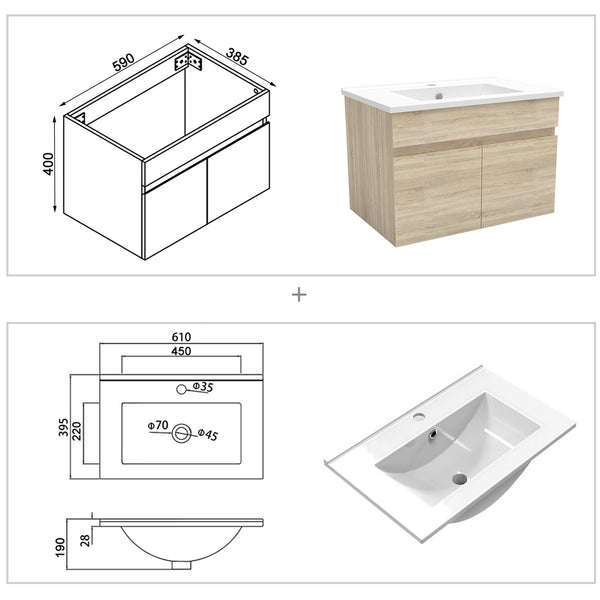 Biubiubath Badezimmermöbel 60 cm Keramik-Waschtisch-Set mit Unterschrank, Wandschrank, mattweiß, Eiche, mit 2 Soft-Close-Türen