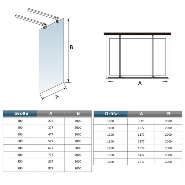 30-160cm Glaswand Duschwand Duschtrennwand Walk in Dusche 200cm ESG Nano Glas