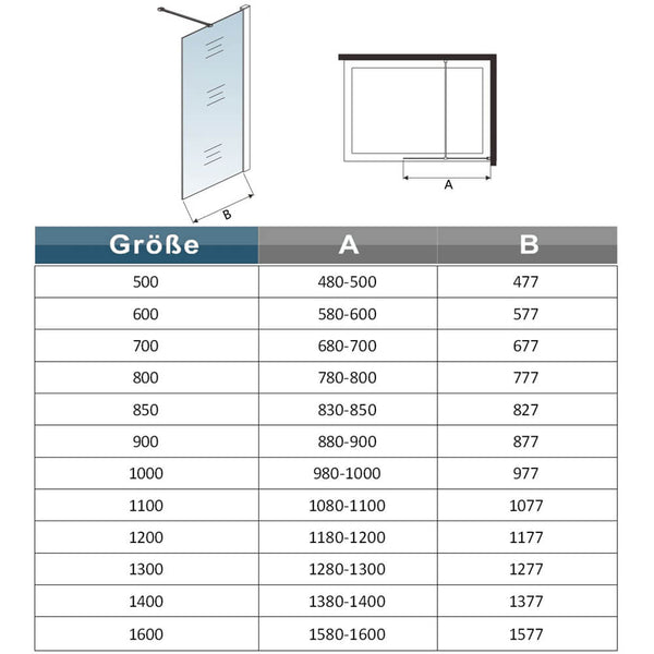 200cm 30-160cm Duschkabine Glaswand Duschwand Duschtrennwand Walk in Dusche