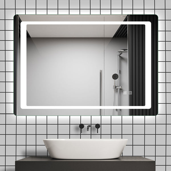 80-140 cm LED Badezimmerspiegel mit Beleuchtung, Touch-Sensor, Kaltweiß Rechteckiger Wandspiegel mit Entnebelungsfunktion