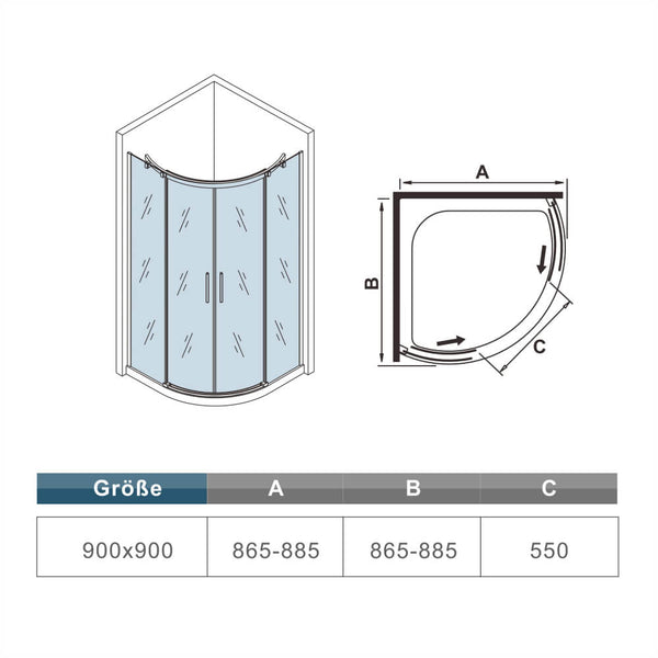90x90cm Glas Dusche Viertelkreis Runddusche Schiebetür Glastür Duschtür Duschkabine