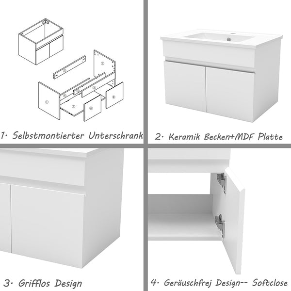 Biubiubath Badezimmermöbel 60 cm Keramik-Waschtisch-Set mit Unterschrank, Wandschrank, mattweiß, Eiche, mit 2 Soft-Close-Türen