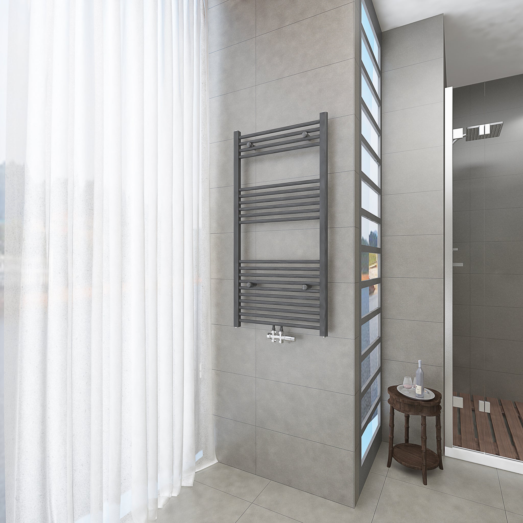Badheizkörper Grau/Anthrazit - 120x60 CM Heizkörper und Handtuchtrockner in einem - Mittelanschluss - Rauchfreie Kohleheizung für das Badezimmer