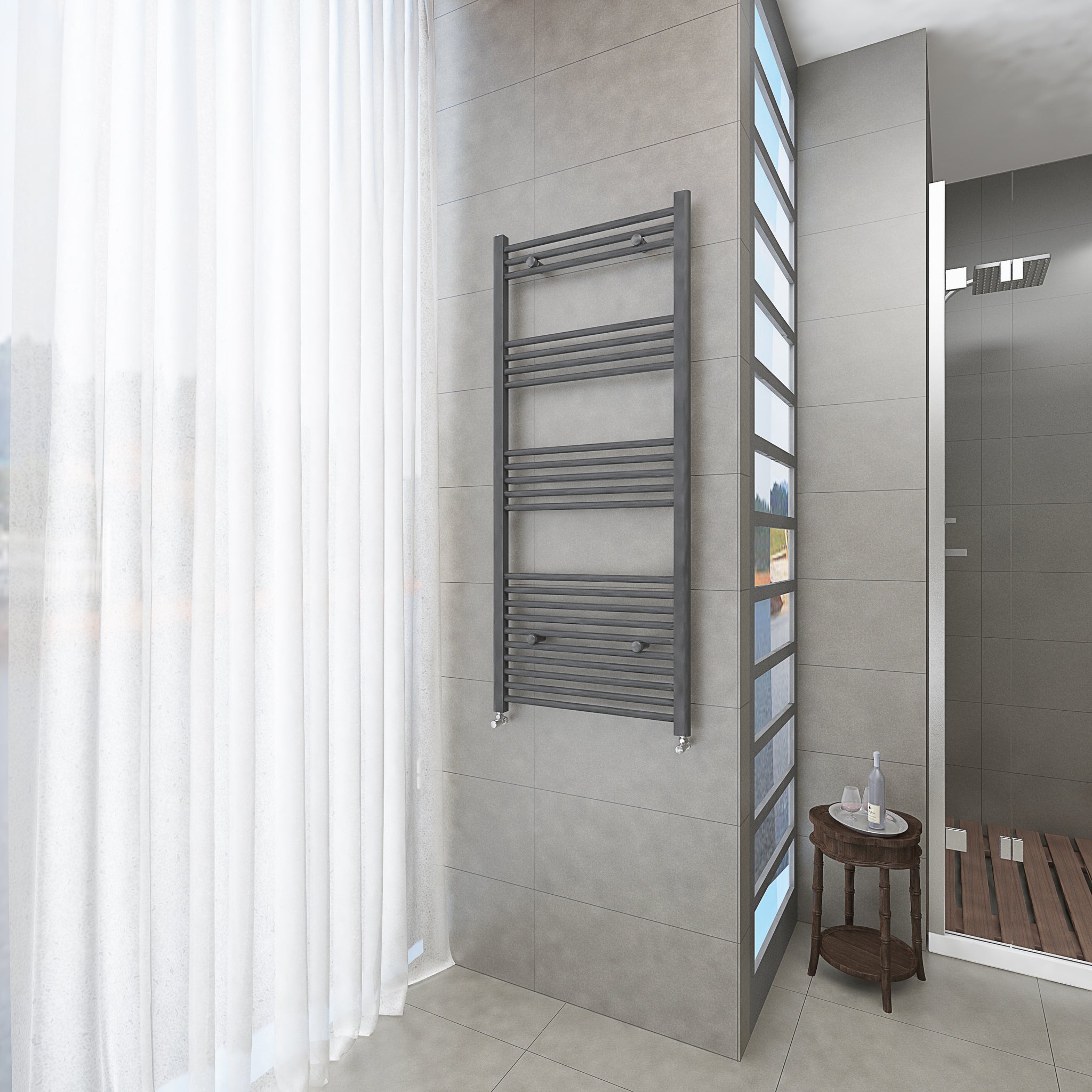 Badheizkörper Grau/Anthrazit - 140x60 CM Heizkörper und Handtuchtrockner in einem - Seitlicher Anschluss - Rauchfreie Kohleheizung für das Badezimmer