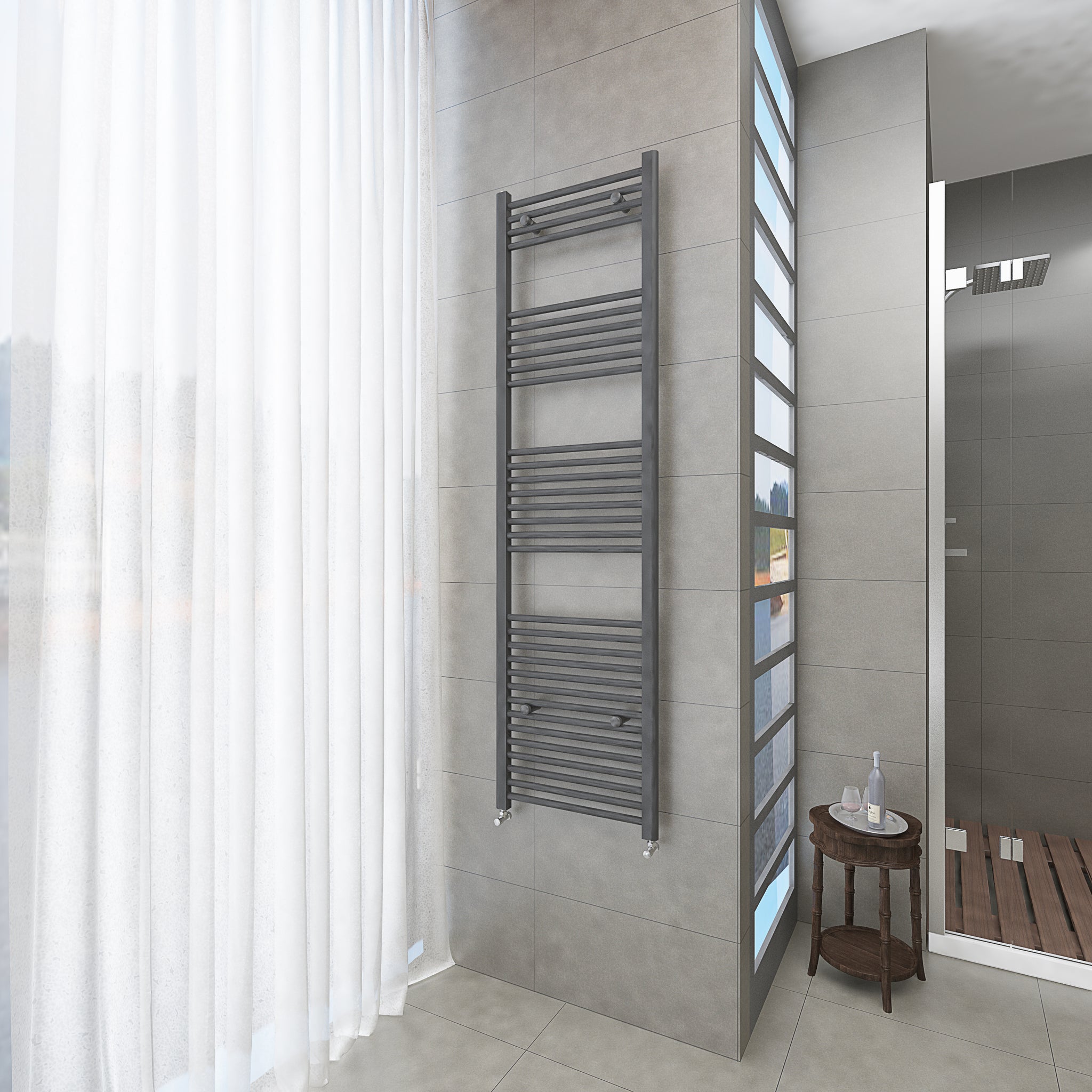 Badheizkörper Grau/Anthrazit - 180x50 CM Heizkörper und Handtuchtrockner in einem - Seitlicher Anschluss - Rauchfreie Kohleheizung für das Badezimmer