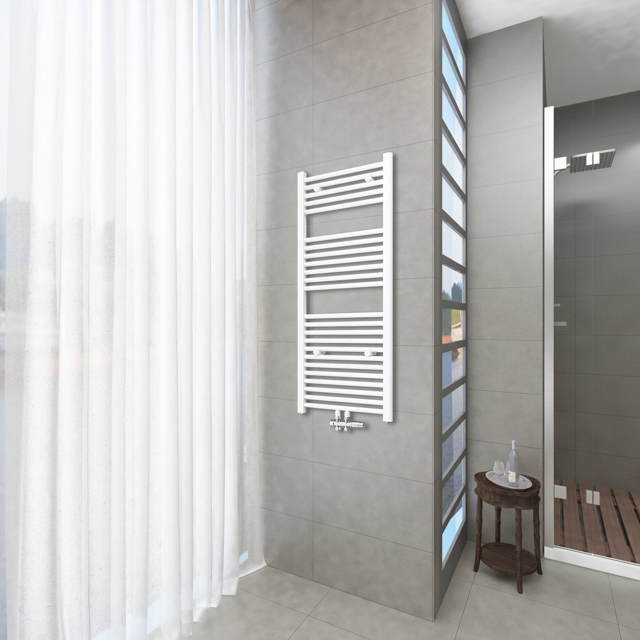 Badheizkörper Weiß - 120x50 CM  Heizkörper und Handtuchtrockner in einem - Mittelanschluss - Rauchfreie Kohleheizung für das Badezimmer