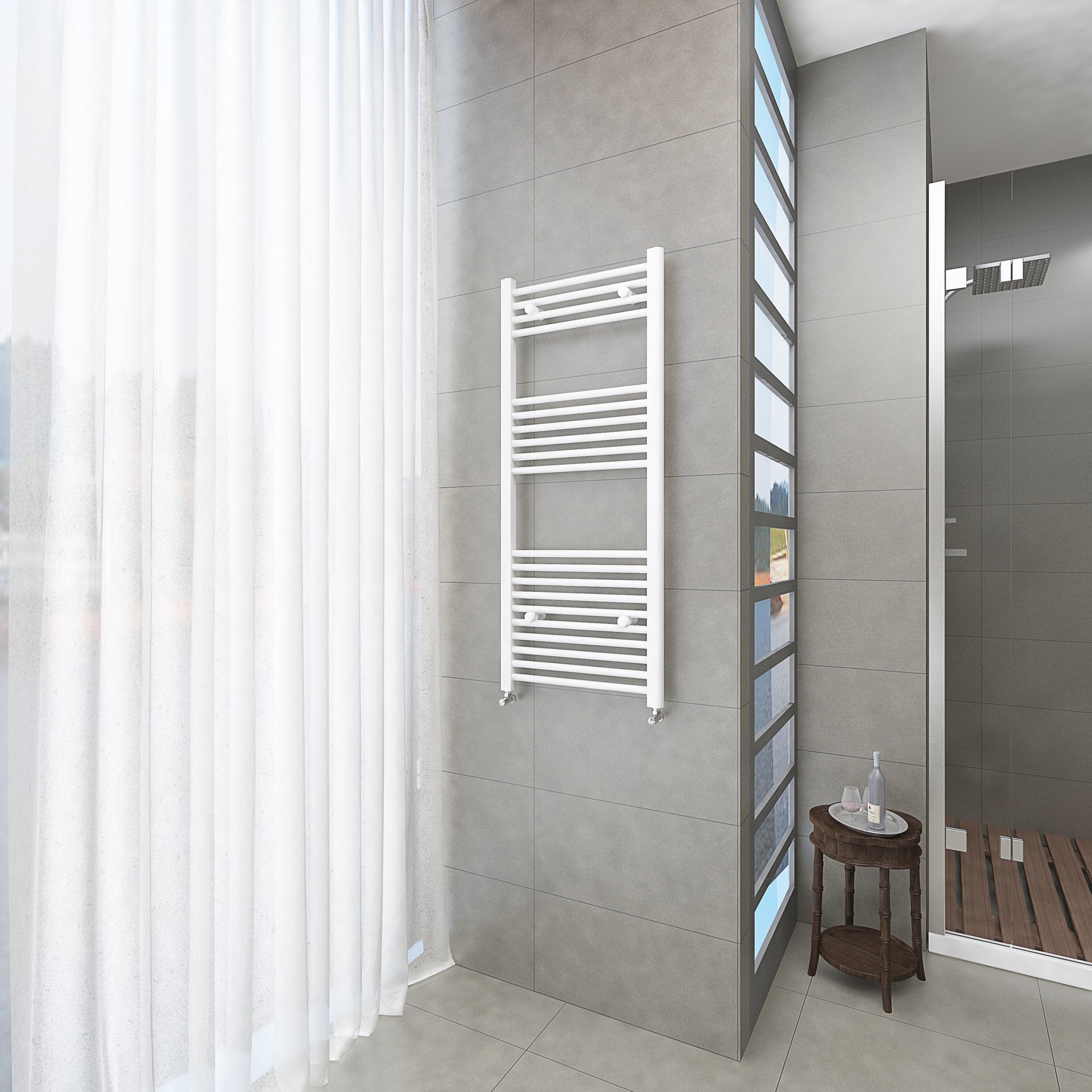 Badheizkörper Weiß - 120x50 CM Heizkörper und Handtuchtrockner in einem - Seitlicher Anschluss - Rauchfreie Kohleheizung für das Badezimmer