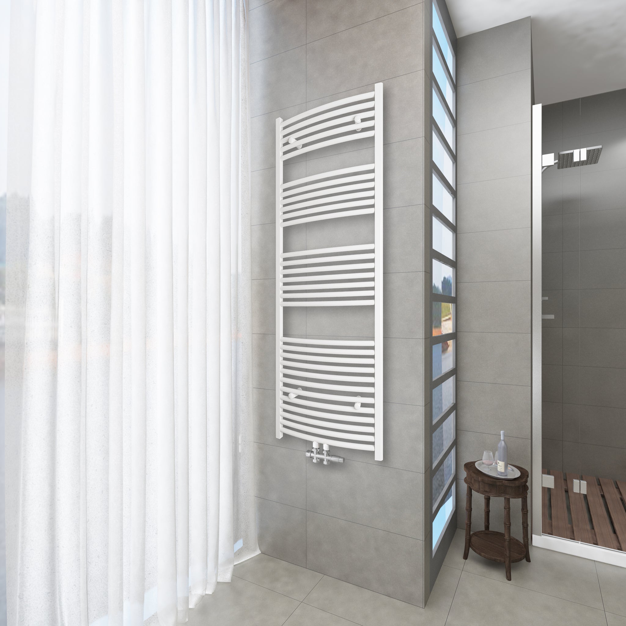 Badheizkörper Weiß - 160x50 CM Gebogen Heizkörper und Handtuchtrockner in einem - Mittelanschluss - Rauchfreie Kohleheizung für das Badezimmer