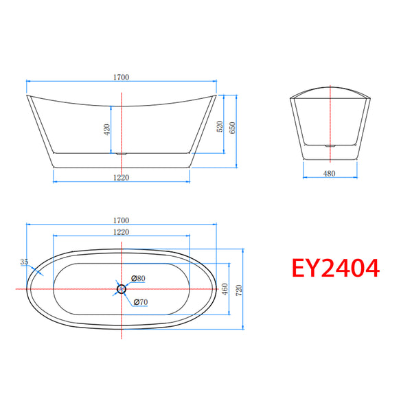 Modernes Designer-Badezimmer, 1700 x 720 mm, freistehende Badewanne mit zwei Enden