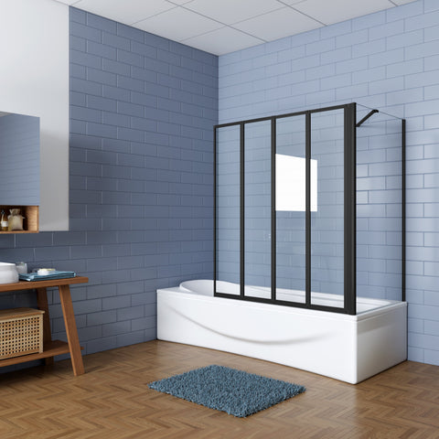 4-teilig 100x140 cm Schwarz Faltwand mit 70/75/80 cm Seitenwand Badewannenaufsatz Duschwand Glaswand