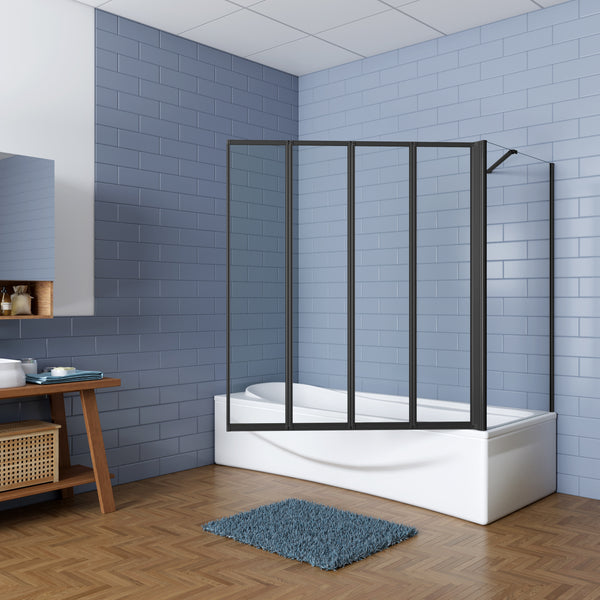 4-teilig 90x140 cm Schwarz Faltwand mit 70/75/80 cm Seitenwand Badewannenaufsatz Duschwand Glaswand