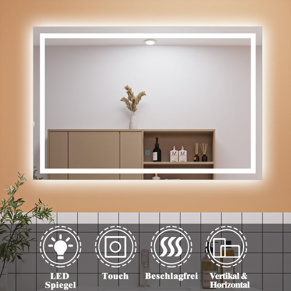 Badezimmerspiegel 120x80 cm, LED-Spiegel mit Beleuchtung, Wandspiegel, Single-Touch-Schalter, Anti-Kondensation, Kaltweiß