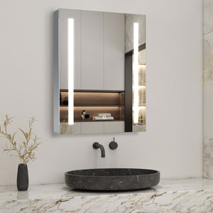 LED Aluminium Spiegelschrank ARYA mit Beleuchtung und doppelseitigem Spiegel, inklusive Rasierersteckdose und Entnebelungsfolie, kaltweißes Licht,