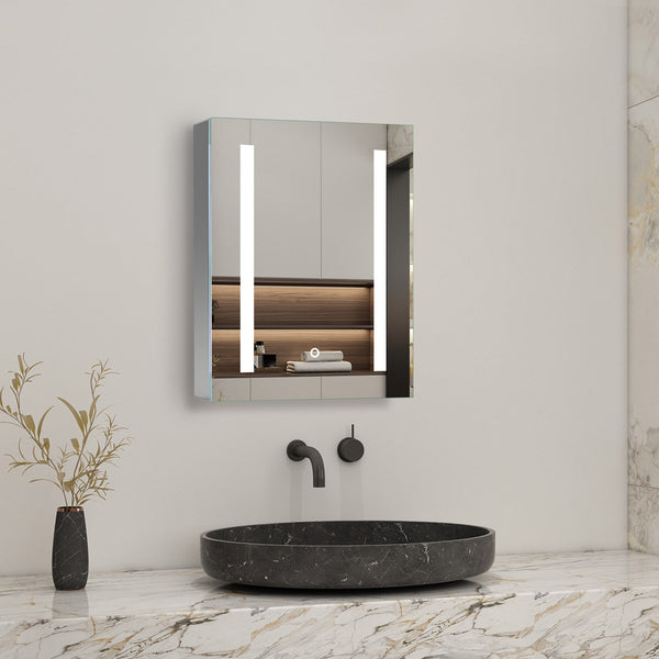 LED Aluminium Spiegelschrank ARYA mit Beleuchtung und doppelseitigem Spiegel, inklusive Rasierersteckdose und Entnebelungsfolie, kaltweißes Licht,