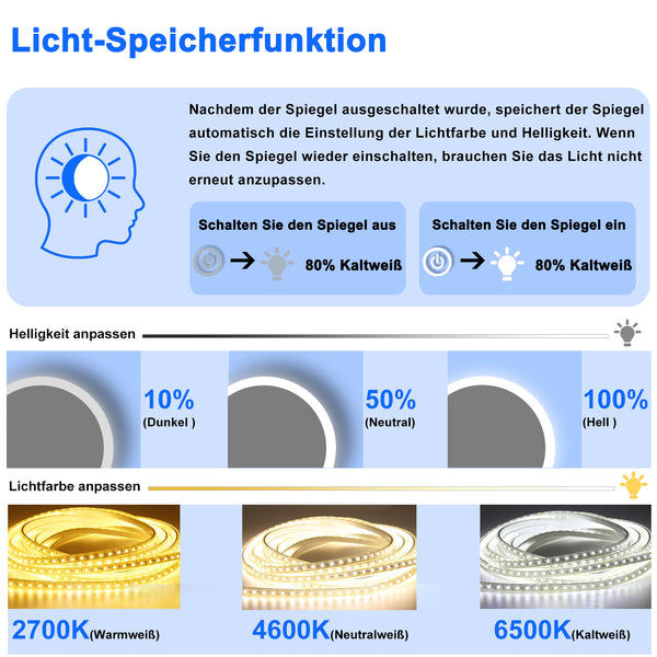 HAPAOSO LED beleuchteter Badezimmerspiegel mit beschlagfreier 3 Lichtfarben dimmbarer Memory-Funktion Wandspiegel mit Schalter abnehmbar