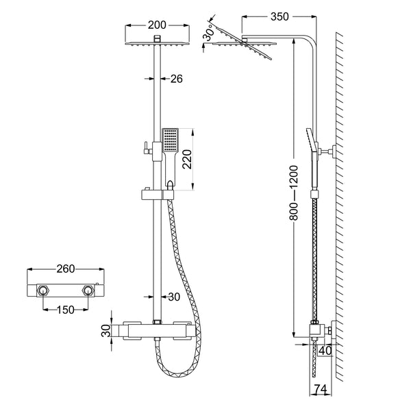 Duschsystem Wandmontage mit Thermostat Regendusche Schwarz Quadratisch