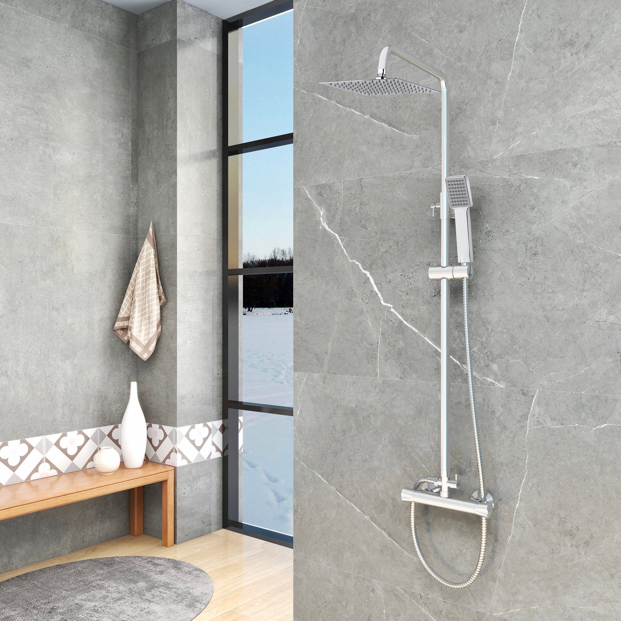 Duschsystem mit Thermostat und Handbrause Regendusche, Höhe 85-125 cm, Komplett-Set, mit 360° drehenbarem