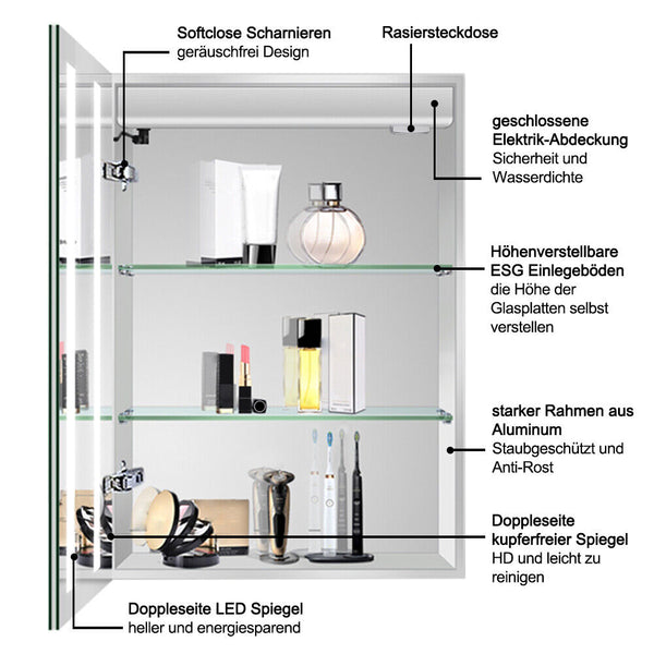 LED Aluminium Spiegelschrank ARYA mit Beleuchtung und doppelseitigem Spiegel, inklusive Rasierersteckdose und Entnebelungsfolie, kaltweißes Licht,