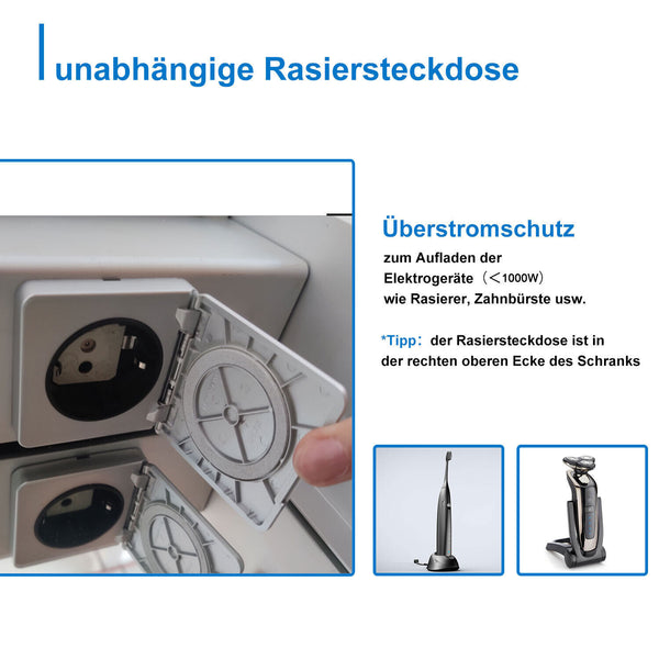 LED Aluminium Spiegelschrank ARYA mit Beleuchtung und doppelseitigem Spiegel, inklusive Rasierersteckdose und Entnebelungsfolie, kaltweißes Licht,