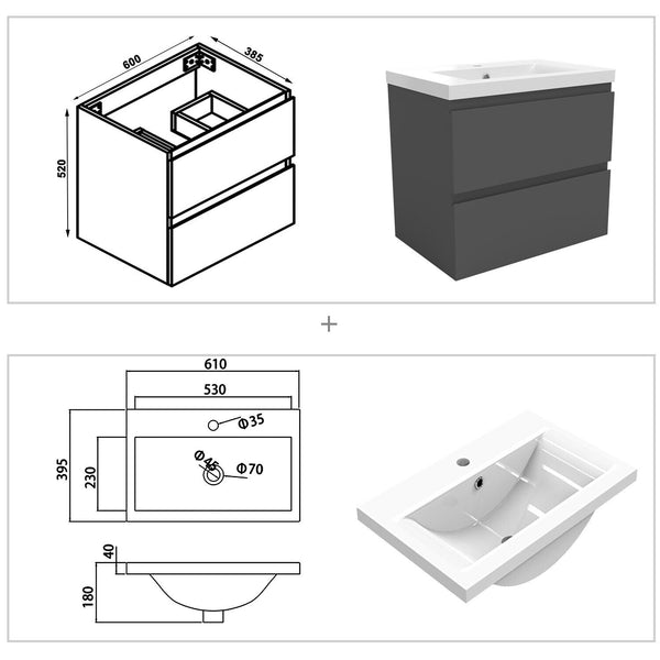 BadmöbelSet Waschtisch mit Unterschrank Anthrazit Waschbecken 50/60/80/100/120cm