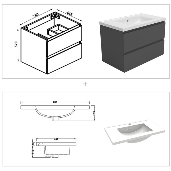 BadmöbelSet Waschtisch mit Unterschrank Anthrazit Waschbecken 50/60/80/100/120cm