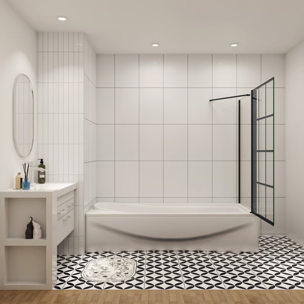 70/75/80cm Seitenwand +Duschwand für Badewanne mit feststehendem Badewannenaufsatz, 80x140 cm Schwarz Industrial Design, 6mm Sicherheitsglas