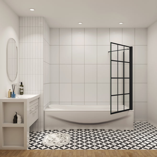 70/75/80cm Seitenwand +Duschwand für Badewanne mit feststehendem Badewannenaufsatz, 80x140 cm Schwarz Industrial Design, 6mm Sicherheitsglas