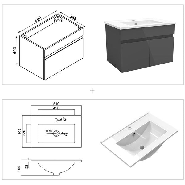 Biubiubath Badezimmermöbel 60 cm Keramik-Waschtisch-Set mit Unterschrank, Wandschrank, mattweiß, Eiche, mit 2 Soft-Close-Türen