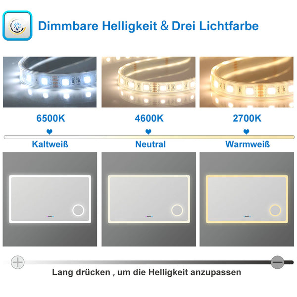 Acezanble LED-Badezimmerspiegel, 70x50-160x80cm, Bluetooth, Antibeschlag, 3-Farb-Dimmung, Speicher.